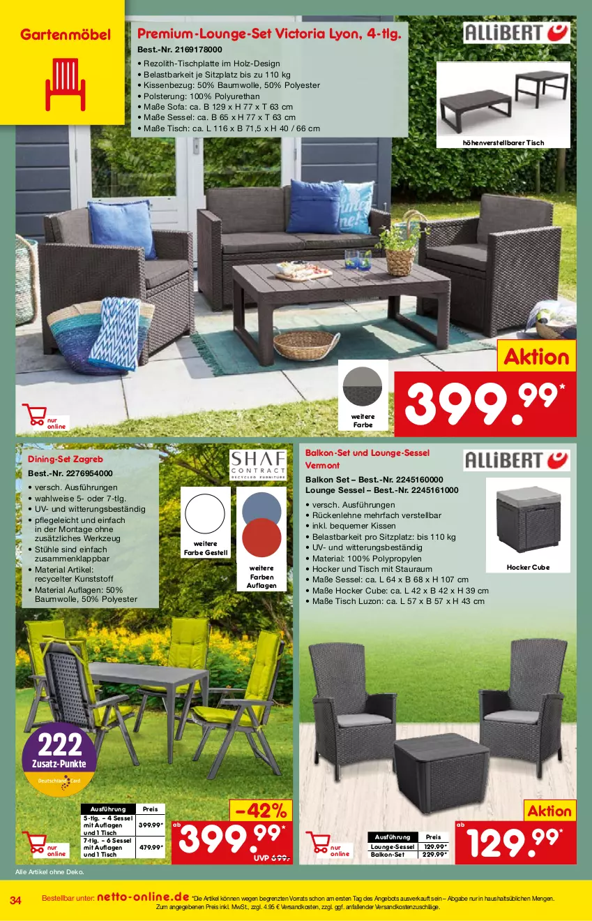 Aktueller Prospekt Netto Marken-Discount - Online-Angebote Mai - von 01.05 bis 27.05.2022 - strona 34 - produkty: angebot, Bau, baumwolle, eis, Garten, gartenmöbel, hocker, Holz, HP, kissen, Kissenbezug, latte, LG, lounge-set, möbel, ndk, reis, Ria, rückenlehne, sessel, Sofa, Stühl, Ti, tisch, tischplatte, werkzeug, wolle, Yo, ZTE