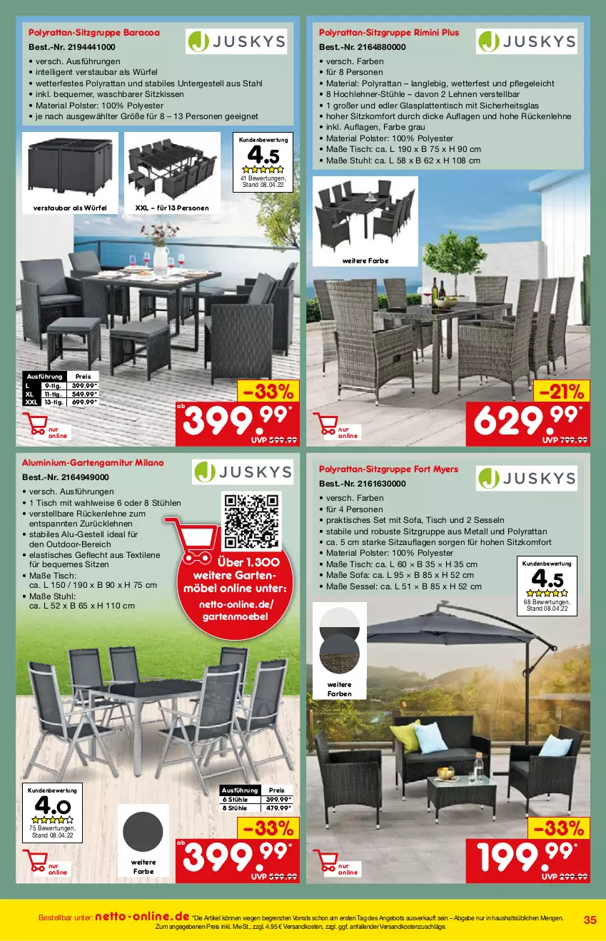 Aktueller Prospekt Netto Marken-Discount - Online-Angebote Mai - von 01.05 bis 27.05.2022 - strona 35 - produkty: angebot, asti, eis, garnitur, Garten, glasplatte, Intel, kissen, latte, LG, möbel, ndk, reis, Ria, rückenlehne, sessel, Sitzauflage, sitzkissen, Sofa, Stühl, stuhl, Ti, tisch, würfel, ZTE