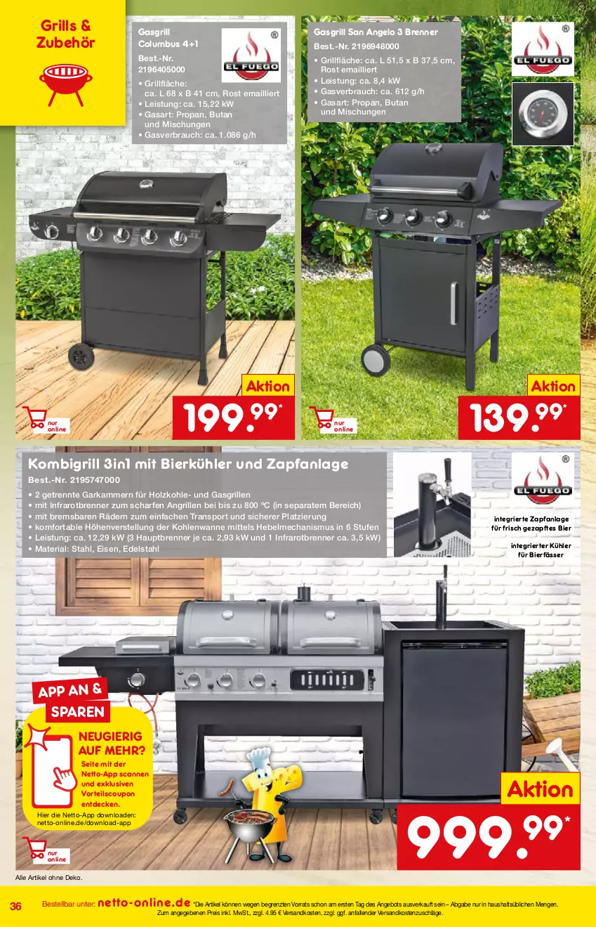 Aktueller Prospekt Netto Marken-Discount - Online-Angebote Mai - von 01.05 bis 27.05.2022 - strona 36 - produkty: angebot, bier, coupon, decke, edelstahl, eis, gasgrill, grill, grillfläche, Holz, holzkohle, ndk, Rauch, reis, Ria, Sport, Ti, Wanne, ZTE