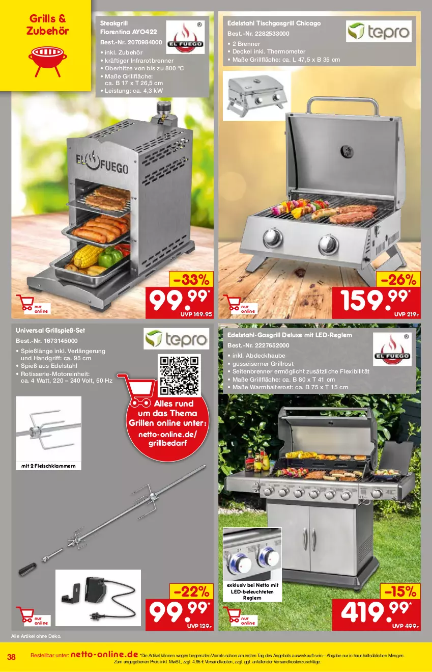 Aktueller Prospekt Netto Marken-Discount - Online-Angebote Mai - von 01.05 bis 27.05.2022 - strona 38 - produkty: abdeckhaube, angebot, decke, Deckel, edelstahl, eis, fleisch, gasgrill, grill, grillfläche, grillrost, Klammern, lamm, Leuchte, ndk, reis, steak, thermometer, Ti, tisch, ZTE