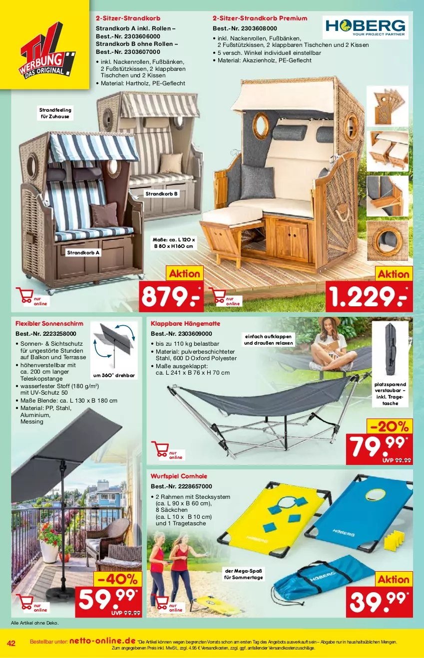 Aktueller Prospekt Netto Marken-Discount - Online-Angebote Mai - von 01.05 bis 27.05.2022 - strona 42 - produkty: angebot, axe, eis, hängematte, Holz, kissen, korb, ndk, reis, rel, Ria, sonnenschirm, strandkorb, Tasche, Teleskop, Ti, tisch, tragetasche, uv-schutz, wasser, ZTE