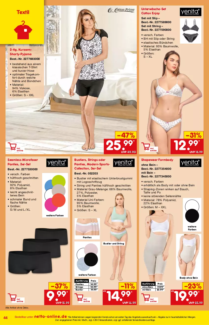 Aktueller Prospekt Netto Marken-Discount - Online-Angebote Mai - von 01.05 bis 27.05.2022 - strona 44 - produkty: angebot, asti, Bau, baumwolle, body, eis, Elan, hose, kleid, Kleidung, LG, Mode, ndk, Pyjama, reis, Ria, ring, schnitten, Schriftzug, shirt, shorty, shorty-pyjama, slip, Sport, Stier, String, T-Shirt, Ti, tisch, Unterwäsche, wolle, ZTE