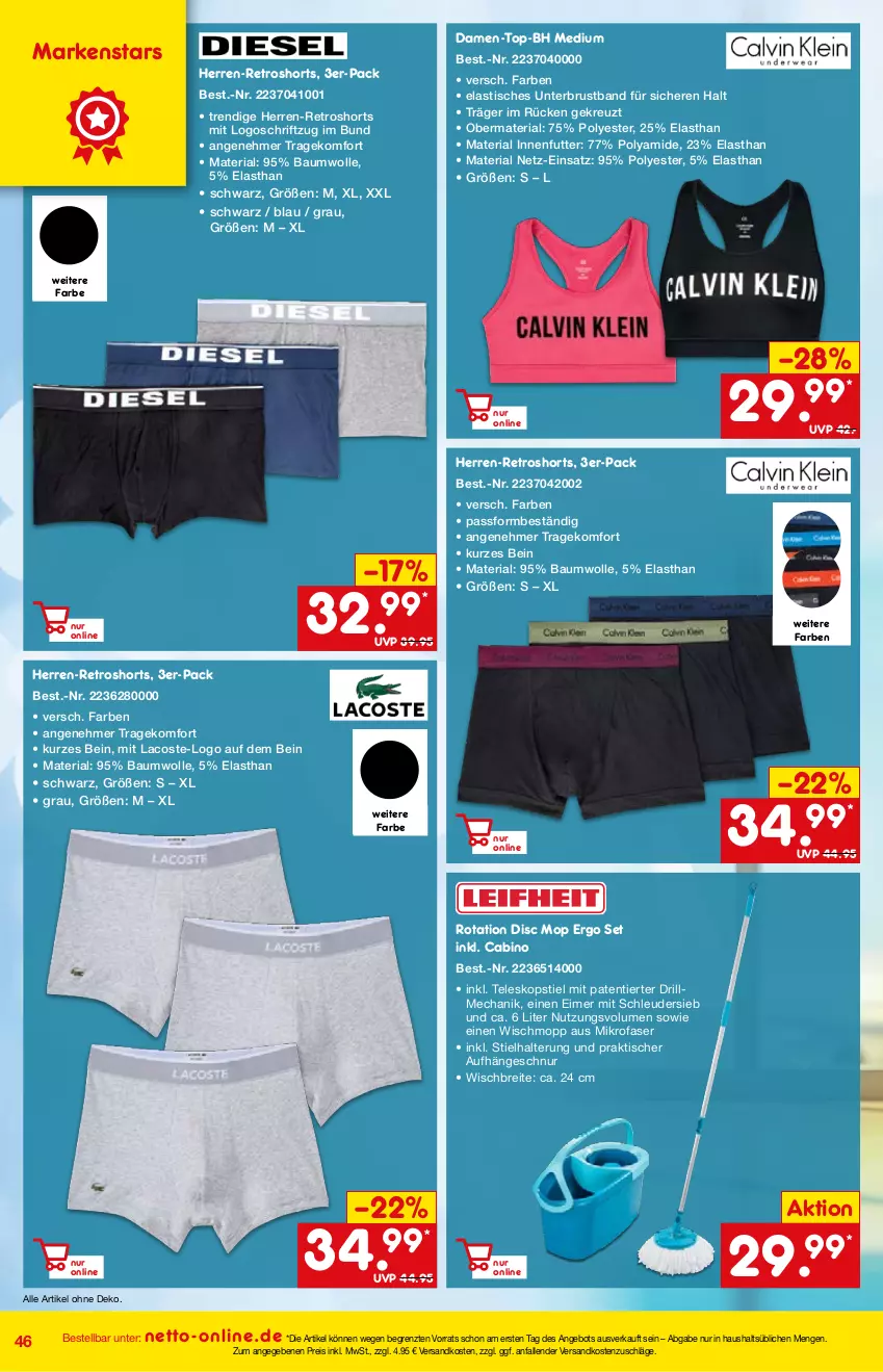 Aktueller Prospekt Netto Marken-Discount - Online-Angebote Mai - von 01.05 bis 27.05.2022 - strona 46 - produkty: angebot, asti, Bau, baumwolle, Brei, damen-top, eimer, eis, Lacoste, mikrofaser, ndk, reis, retroshorts, Ria, Schriftzug, shorts, Teleskop, teleskopstiel, Ti, tisch, Wischmopp, wolle, ZTE