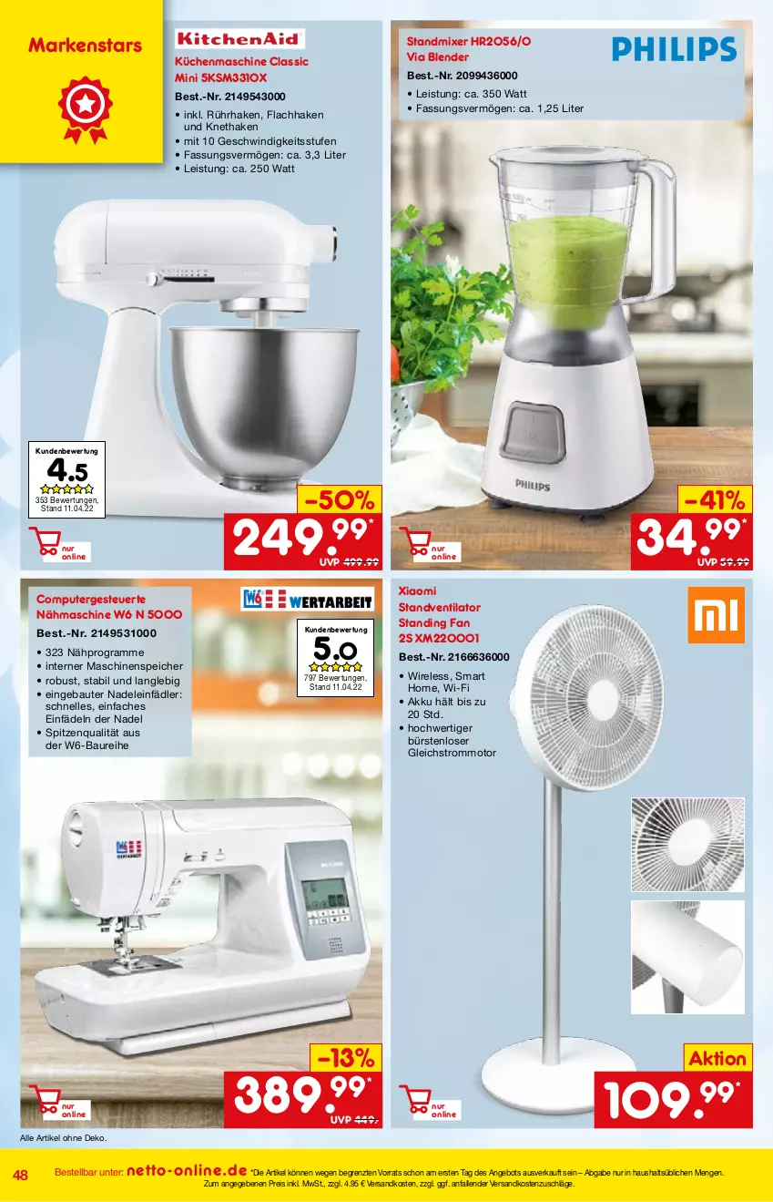 Aktueller Prospekt Netto Marken-Discount - Online-Angebote Mai - von 01.05 bis 27.05.2022 - strona 48 - produkty: akku, angebot, Bau, Blender, bürste, bürsten, computer, eis, elle, HP, küche, Küchen, küchenmaschine, Mixer, Nähmaschine, ndk, pute, reis, rel, spitzenqualität, standmixer, standventilator, Ti, ventilator, ZTE