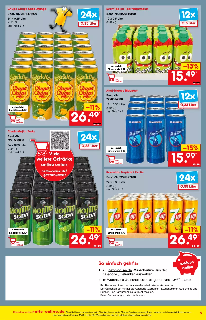 Aktueller Prospekt Netto Marken-Discount - Online-Angebote Mai - von 01.05 bis 27.05.2022 - strona 5 - produkty: ahoj-brause, angebot, Blaubeer, brause, chupa, chupa chups, eis, erde, getränk, getränke, gutschein, gutscheine, ice tea, korb, mango, mojito, ndk, reis, Soda, Ti, ZTE