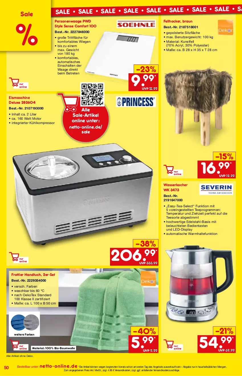 Aktueller Prospekt Netto Marken-Discount - Online-Angebote Mai - von 01.05 bis 27.05.2022 - strona 50 - produkty: angebot, auto, Bau, baumwolle, bio, bio-baumwolle, braun, edelstahl, eis, eismaschine, handtuch, hocker, Kocher, kompressor, Leuchte, ndk, Personenwaag, personenwaage, reis, Ria, Schal, tee, Ti, tisch, tuc, Waage, wasser, wasserkocher, wolle, ZTE