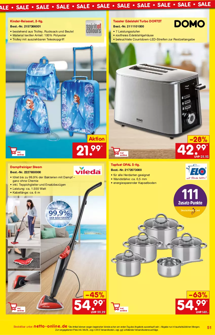 Aktueller Prospekt Netto Marken-Discount - Online-Angebote Mai - von 01.05 bis 27.05.2022 - strona 51 - produkty: angebot, beutel, dampfreiniger, edelstahl, eis, herdarten, Kinder, Leuchte, LG, ndk, reifen, reiniger, reis, Reiseset, Ria, rucksack, sac, Teleskop, teppich, Ti, toast, toaster, topf, Topfset, trolley, ZTE