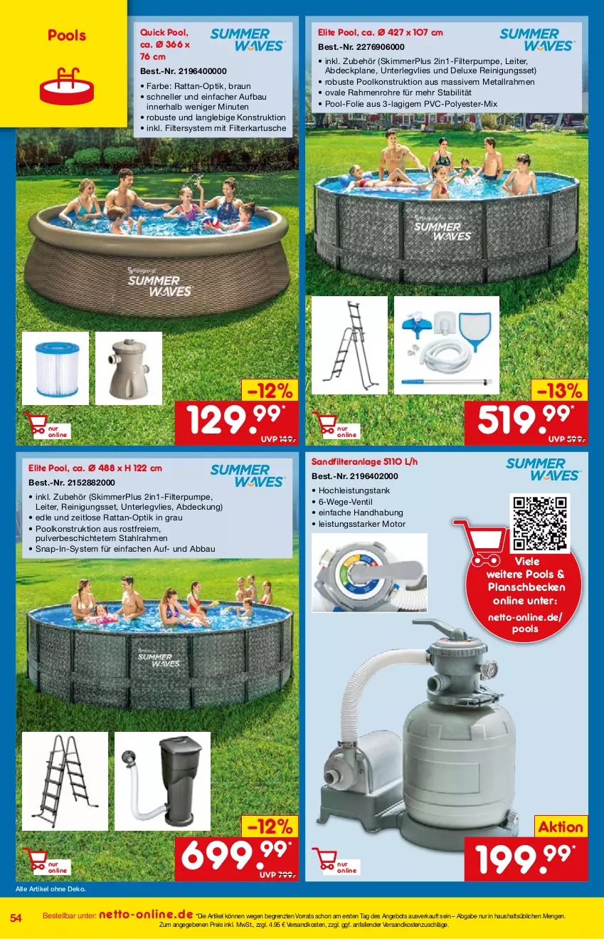 Aktueller Prospekt Netto Marken-Discount - Online-Angebote Mai - von 01.05 bis 27.05.2022 - strona 54 - produkty: Abba, abdeckplane, angebot, Bau, braun, eis, elle, ndk, planschbecken, pool, Reinigung, reis, sandfilteranlage, Ti, ZTE