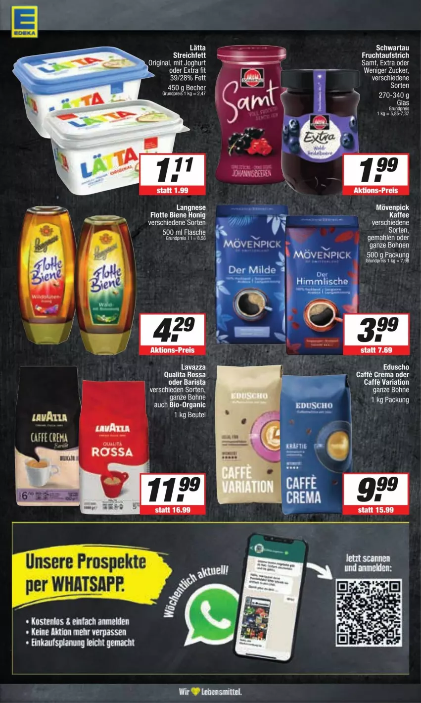 Aktueller Prospekt Edeka - Prospekte - von 13.04 bis 20.04.2024 - strona 10 - produkty: bio, bohne, bohnen, caffe, eduscho, eis, flasche, langnese, lätta, lavazza, mac, mövenpick, reis, Ria, Schwartau, tee, Ti