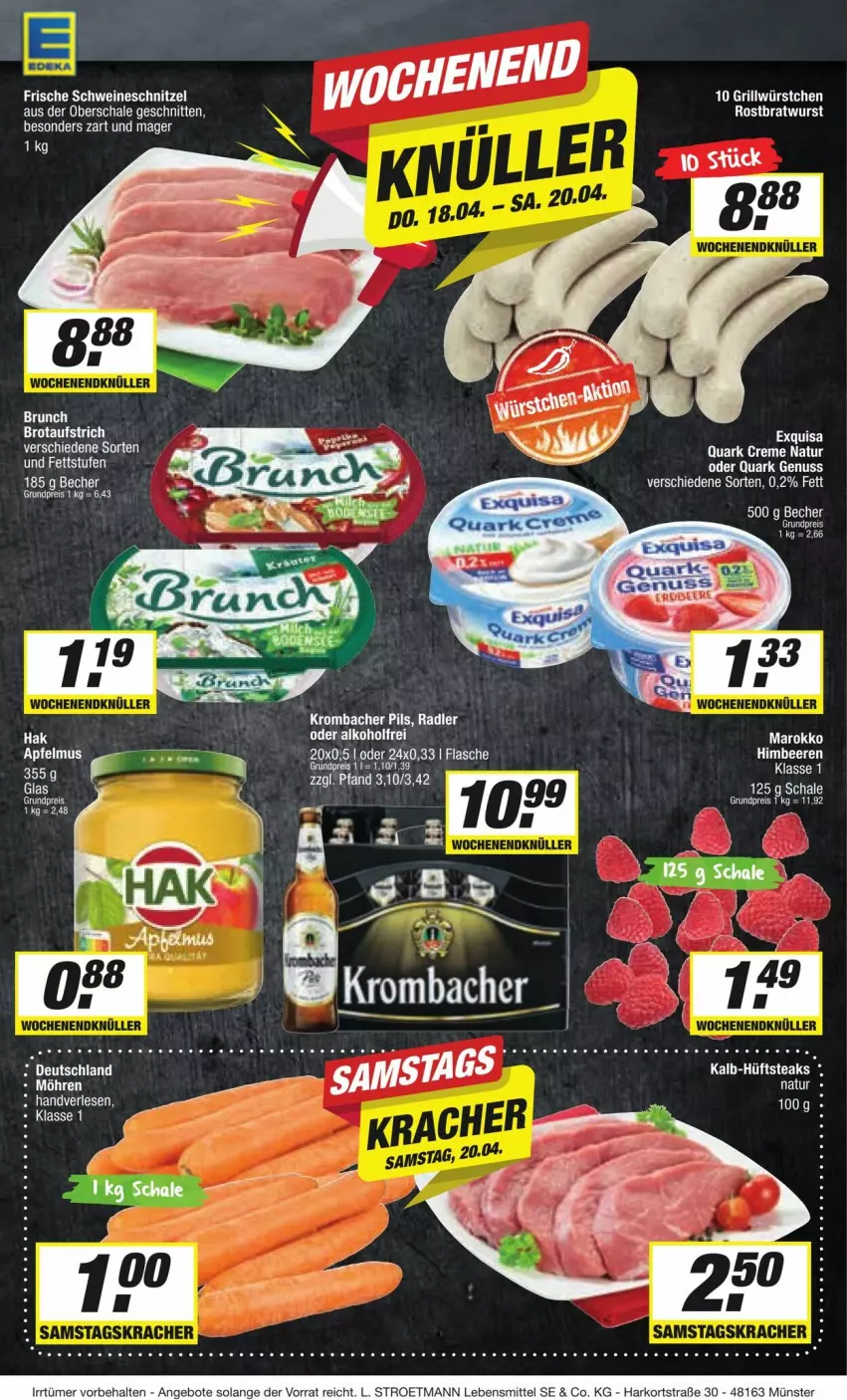 Aktueller Prospekt Edeka - Prospekte - von 13.04 bis 20.04.2024 - strona 14 - produkty: angebot, angebote, apfel, apfelmus, aufstrich, bratwurst, brot, brotaufstrich, creme, eis, exquisa, flasche, grill, krombache, krombacher, krombacher pils, lebensmittel, möhren, natur, ndk, nuss, pils, quark, quark genus, quark genuss, radler, reis, rostbratwurst, Schal, Schale, schnitten, schnitzel, schwein, schweine, schweineschnitzel, Ti, wein, weine, wurst, würstchen