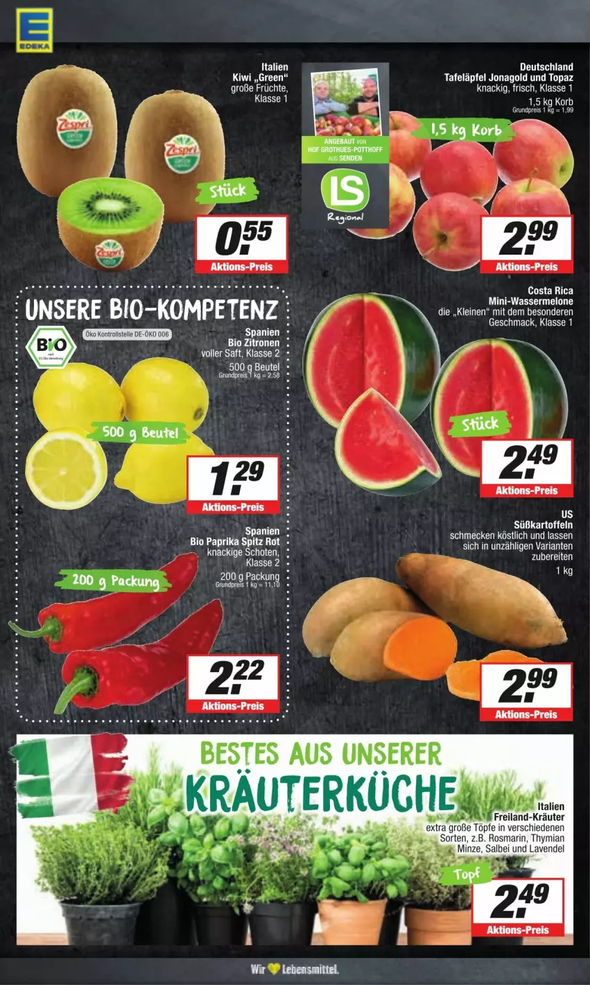 Aktueller Prospekt Edeka - Prospekte - von 13.04 bis 20.04.2024 - strona 3 - produkty: bio, eis, kiwi, kräuter, küche, latte, lavendel, leine, mac, melone, minze, reis, Ria, rosmarin, saft, tafeläpfel, Ti, wasser, wassermelone, zitrone, zitronen