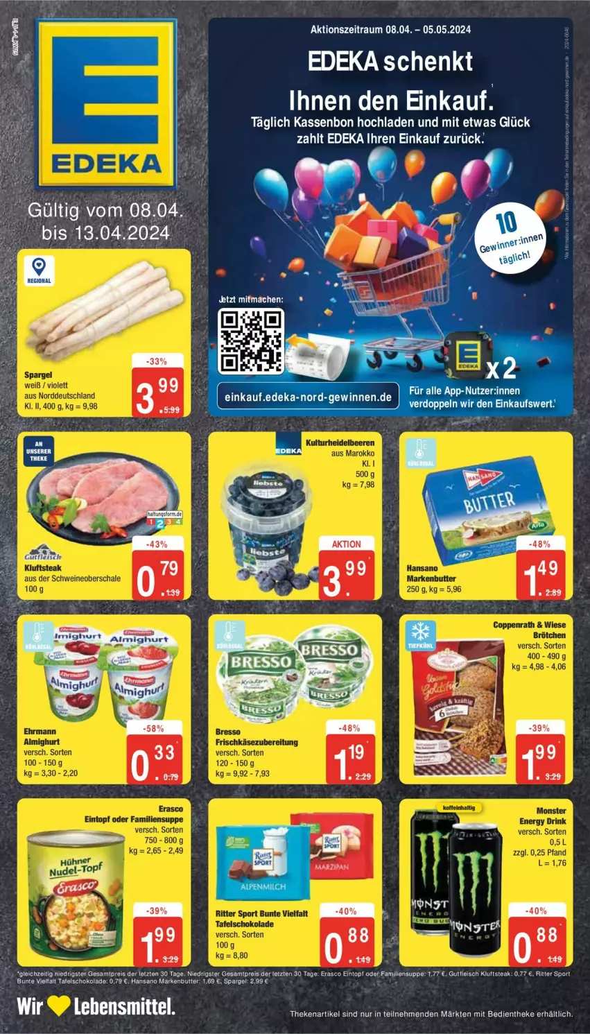 Aktueller Prospekt Edeka - Prospekte - von 08.04 bis 13.04.2024 - strona 1 - produkty: butter, deka, lebensmittel, markenbutter, schoko, schokolade, spargel, tafelschokolade, tee, Ti