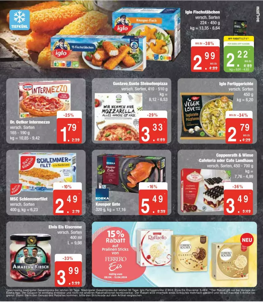 Aktueller Prospekt Edeka - Prospekte - von 08.04 bis 13.04.2024 - strona 13 - produkty: coupon, deka, eis, ente, fisch, fischstäbchen, iglo, Käse, mozzarella, reis, rel, Ti, ZTE