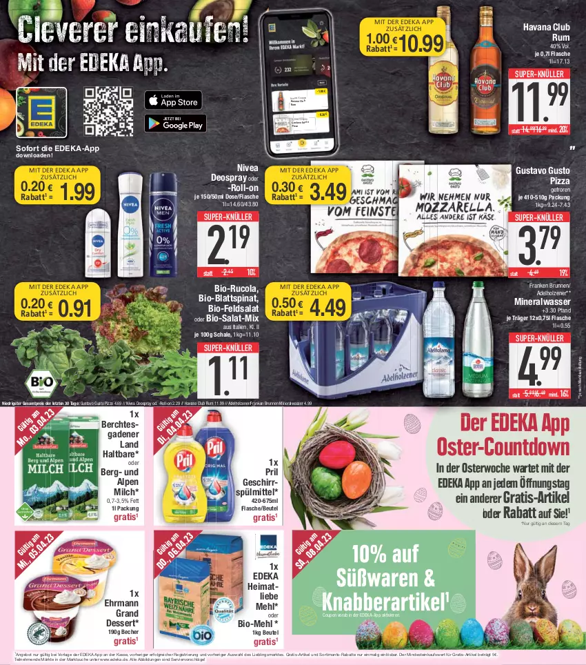 Aktueller Prospekt E Center - Angebote der Woche - von 03.04 bis 08.04.2023 - strona 11 - produkty: adelholzener, Alwa, angebot, Becher, beutel, bio, blattspinat, brunnen, cola, coupon, deka, deo, deospray, dessert, ehrmann, Ehrmann Grand Dessert, eis, feldsalat, flasche, franken brunnen, geschirr, geschirrspülmittel, Havana Club, Holz, LG, mehl, milch, mineralwasser, nivea, nuss, pizza, pril, reis, roll-on, rucola, rum, salat, Schal, Schale, spinat, spülmittel, super-knüller, Ti, wasser, ZTE