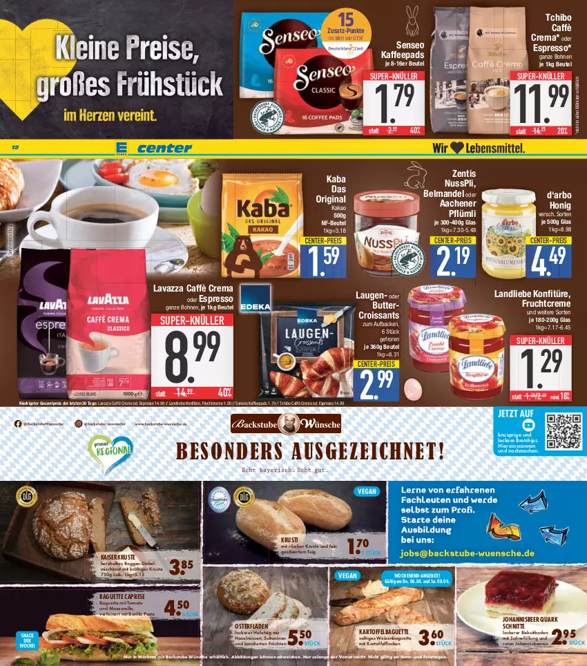 Aktueller Prospekt E Center - Angebote der Woche - von 03.04 bis 08.04.2023 - strona 12 - produkty: angebot, baguette, barilla, beere, beeren, Belmandel, beutel, bohne, bohnen, brot, butter, caffè crema, Cap, chips, creme, Croissant, croissants, eier, eis, ente, espresso, frucht, früchte, früchten, gin, Hefe, honig, johannisbeere, Johannisbeeren, kaffee, kaffeepads, Kaiser, kakao, kartoffel, konfitüre, landliebe, lavazza, mac, mandel, mozzarella, nuss, nusspli, oder espresso, pesto, quark, reis, rel, saft, sahne, senseo, stube, super-knüller, Tchibo, Ti, tomate, zentis, ZTE