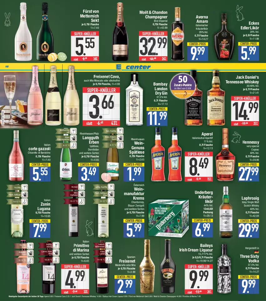 Aktueller Prospekt E Center - Angebote der Woche - von 03.04 bis 08.04.2023 - strona 18 - produkty: alkohol, amaro, antipasti, aperitif, aperol, asti, auer, averna, baileys, blauer zweigelt, brut, Cava, champagne, champagner, chardonnay, chia, Cognac, dornfelder, dry gin, eis, ente, Faktu, fisch, flasche, fleisch, freixenet, frucht, fürst von metternich, Geflügel, gin, hartkäse, irish cream, islay single malt, jack daniel, Käse, kräuter, kräuterlikör, lamm, laphroaig, likör, liqueur, london dry, london dry gin, Mett, metternich, nuss, primitivo, reis, Ria, rind, saft, scotch, scotch whisky, sekt, single malt, super-knüller, Sushi, tennessee whiskey, Three Sixty, Ti, underberg, vodka, wein, whiskey, whisky, Wild, zonin, ZTE, Zweigelt