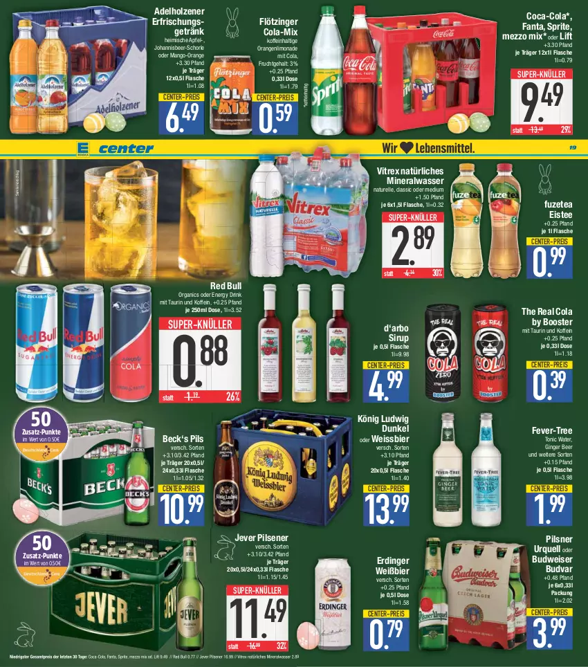 Aktueller Prospekt E Center - Angebote der Woche - von 03.04 bis 08.04.2023 - strona 19 - produkty: adelholzener, Alwa, apfel, bier, budweiser, coca-cola, cola, drink, eis, eistee, elle, energy drink, ente, erdinger, erfrischungsgetränk, fanta, fever-tree, flasche, frucht, fuzetea, getränk, gin, ginger, Holz, jever, jever pilsener, limo, limonade, mango, Mezzo Mix, mineralwasser, natur, natürliches mineralwasser, orange, orangen, pils, pilsener, pilsner, pilsner urquell, red bull, reis, rel, schorle, sirup, sprite, super-knüller, tee, Ti, tonic, tonic water, vitrex, wasser, weissbier, ZTE