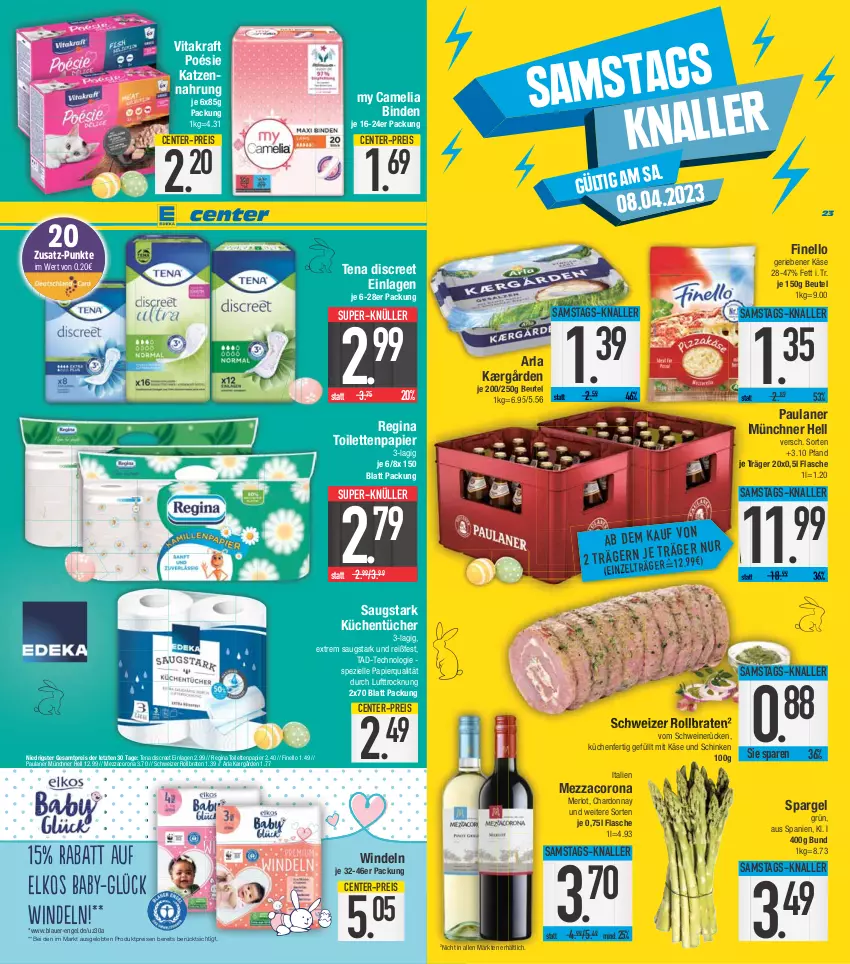 Aktueller Prospekt E Center - Angebote der Woche - von 03.04 bis 08.04.2023 - strona 23 - produkty: arla, auer, beutel, binden, braten, camelia, chardonnay, corona, Discreet, eis, elkos, elle, Engel, ente, finello, flasche, gin, Kærgården, Käse, katzennahrung, kraft, küche, Küchen, küchentücher, merl, merlot, mezzacorona, papier, Paula, paulaner, reis, rollbraten, schinken, schwein, schweine, schweinerücken, spargel, spargel grün, Spezi, super-knüller, Ti, toilettenpapier, tücher, vita, vitakraft, wein, weine, windeln, ZTE