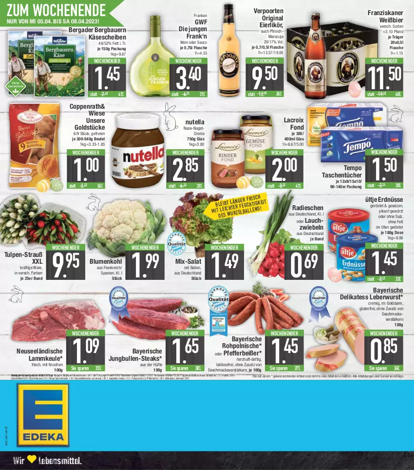 Aktueller Prospekt E Center - Angebote der Woche - von 03.04 bis 08.04.2023 - strona 24 - produkty: auer, ball, Bau, Bauer, bergader, beutel, bier, blume, blumen, blumenkohl, coppenrath, creme, ecco, eier, eierlikör, eis, erdnüsse, flasche, franziskaner, gewürz, gin, Goldstücke, HP, jungbullen, Käse, käsescheiben, lamm, lammkeule, lebensmittel, leberwurst, likör, mac, maracuja, nuss, nutella, Ofen, pfeffer, Pfefferbeißer, pfirsich, radieschen, reis, salat, salz, steak, steaks, Tasche, taschen, taschentücher, Tempo, Ti, tücher, ültje, ültje erdnüsse, verpoorten, wein, wurst, ZTE, zwiebel, zwiebeln