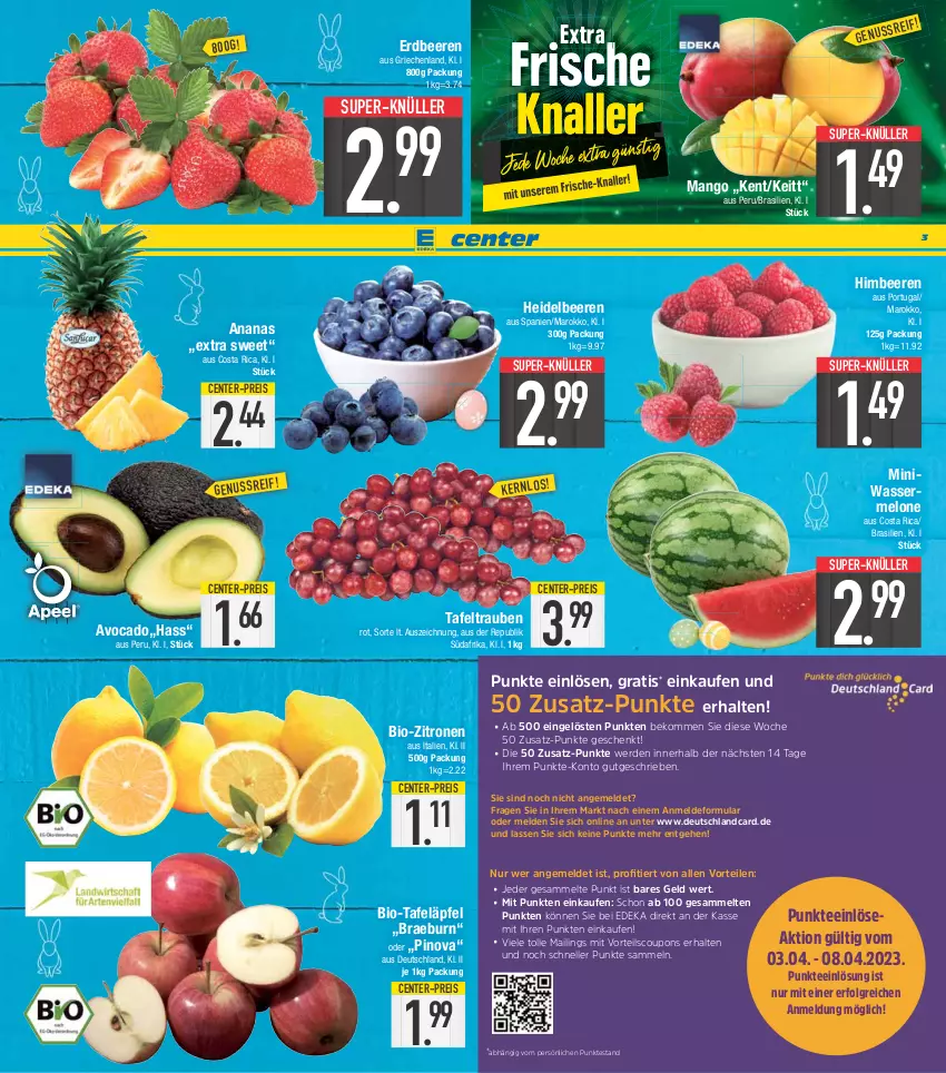 Aktueller Prospekt E Center - Angebote der Woche - von 03.04 bis 08.04.2023 - strona 3 - produkty: ananas, avocado, beere, beeren, beko, bio, bio-zitronen, coupon, coupons, deka, deutschlandcard, eis, elle, ente, erdbeere, erdbeeren, erde, heidelbeere, heidelbeeren, himbeer, himbeere, himbeeren, LG, mango, melone, nuss, reis, super-knüller, tafeläpfel, tafeltrauben, tee, Ti, trauben, wasser, wassermelone, zitrone, zitronen