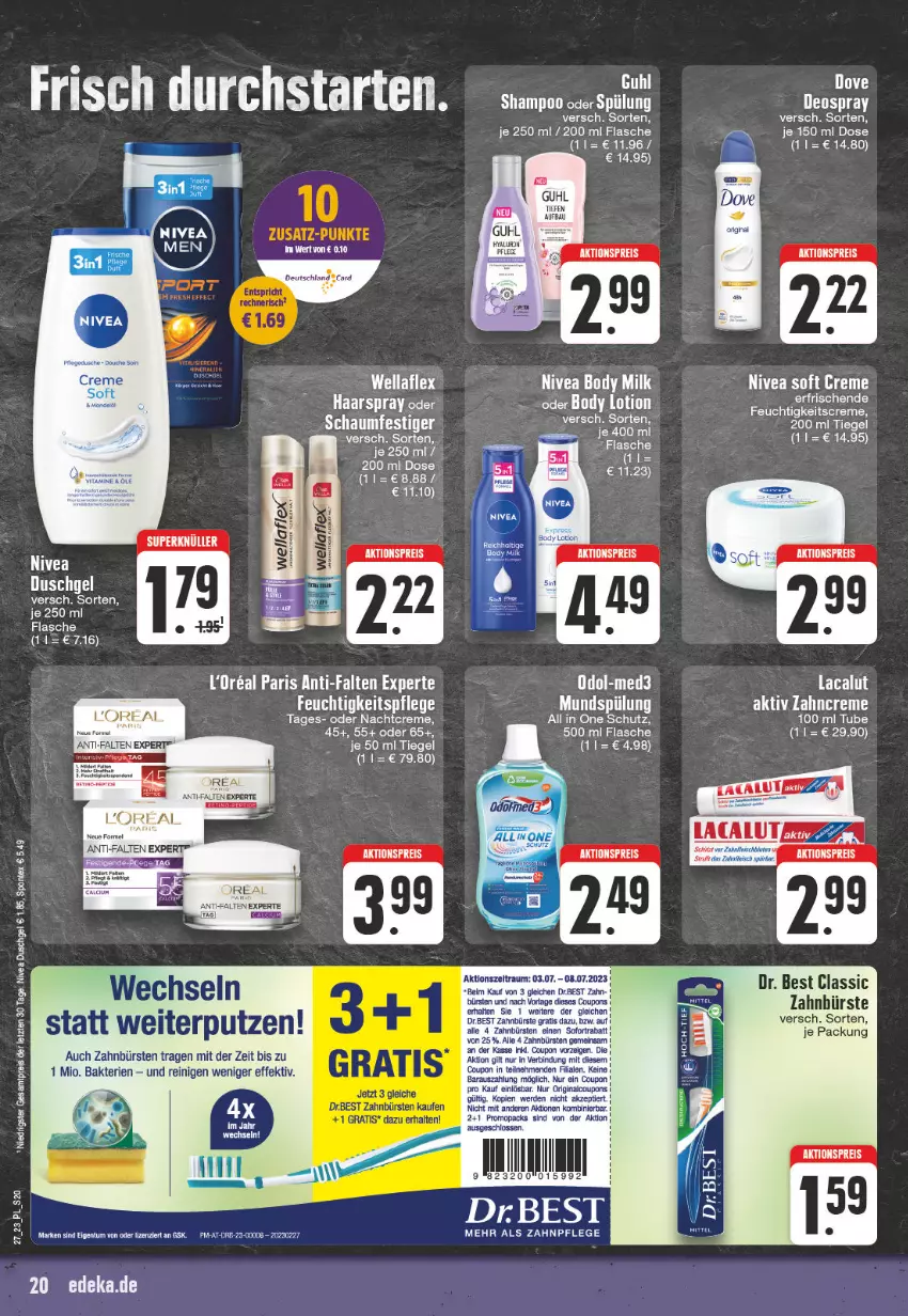 Aktueller Prospekt E Center - Angebote der Woche - von 26.06 bis 01.07.2023 - strona 20 - produkty: aktionspreis, anti-falten experte, body, body milk, bürste, bürsten, coupon, coupons, creme, Dr. Best, eis, erde, feuchtigkeitspflege, flasche, Guhl, haarspray, Lacalut, mundspülung, nachtcreme, nivea, reis, schaumfestiger, sofortrabatt, spülung, Ti, zahnbürste, zahnbürsten, zahncreme