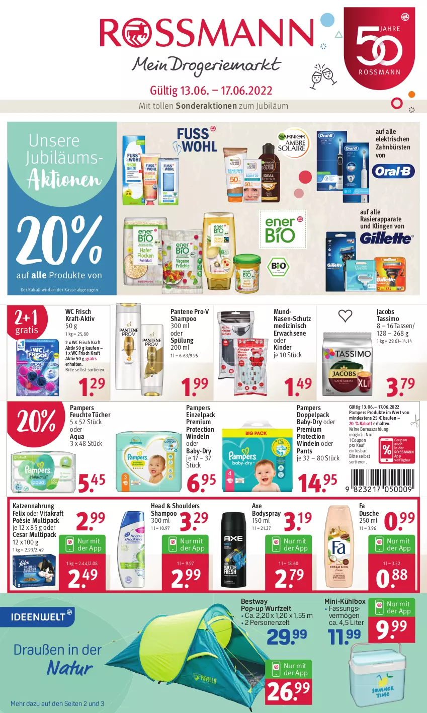 Aktueller Prospekt Rossmann - Prospekte - von 13.06 bis 17.06.2022 - strona 1 - produkty: aqua, axe, baby-dry, bestway, body, bodyspray, bürste, bürsten, coupon, dusche, felix, feuchte tücher, jacobs, jacobs tassimo, Jubiläums, katzennahrung, Kinder, kraft, kühlbox, pampers, pantene, pantene pro-v, Pants, pro-v, rasierapparat, shampoo, sim, spülung, spülung 200 ml, tasse, tassimo, Ti, Tiere, tücher, vita, vitakraft, wc frisch, WC Frisch Kraft Aktiv, windeln, windeln oder pants, zahnbürste, zahnbürsten, Zelt