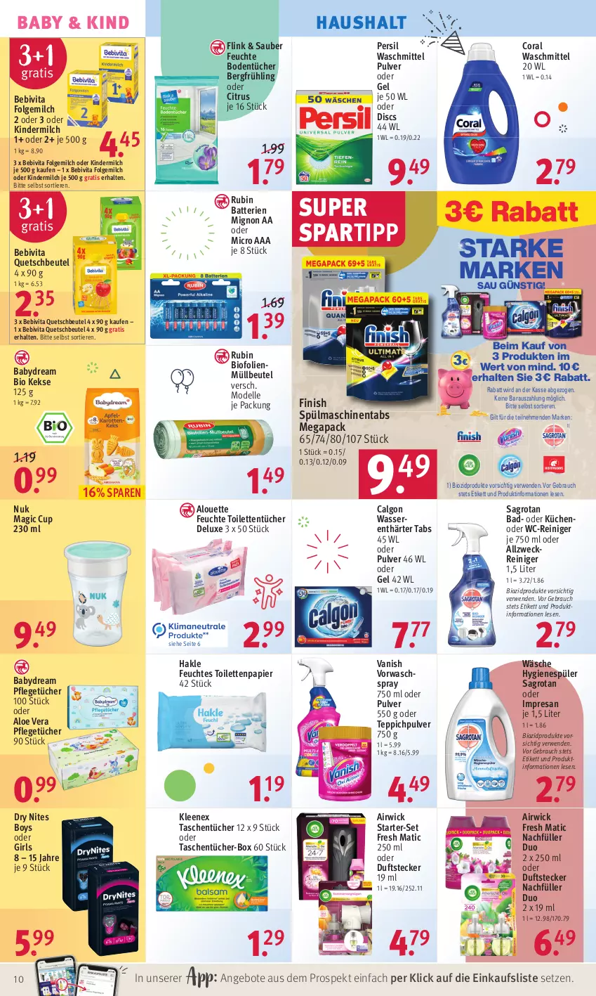 Aktueller Prospekt Rossmann - Prospekte - von 13.06 bis 17.06.2022 - strona 10 - produkty: airwick, allzweckreiniger, aloe vera, alouette, angebot, angebote, babydream, Bad, batterie, batterien, bebivita, beutel, bio, biozidprodukte, Bodentücher, calgon, citrus, Coral, dell, elle, feuchtes toilettenpapier, Finish, folgemilch, hakle, HP, hygienespüler, keks, kekse, Kinder, kindermilch, küche, Küchen, LG, milch, Mode, müllbeutel, nuk, papier, persil, persil waschmittel, quetschbeutel, Rauch, reiniger, resa, Rubin, rwe, sagrotan, spartipp, spülmaschinen, spülmaschinentabs, Tasche, taschen, taschentücher, teppich, Ti, Tiere, toilettenpapier, toilettentücher, tücher, vanish, vita, waschmittel, wasser, wasserenthärter, Wasserenthärter Tabs, wc-reiniger, weck, WICK