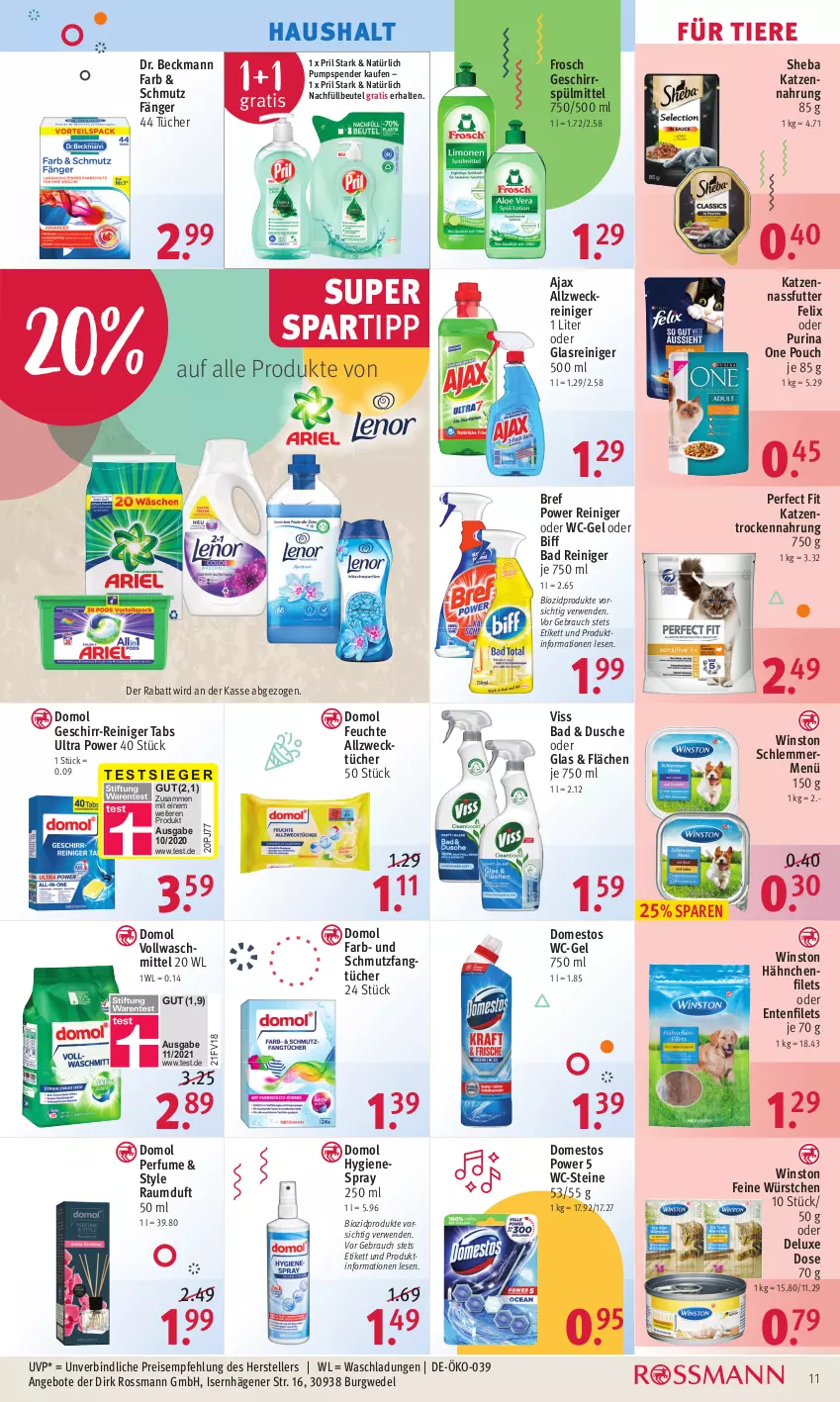 Aktueller Prospekt Rossmann - Prospekte - von 13.06 bis 17.06.2022 - strona 11 - produkty: ajax, allzweckreiniger, Allzwecktücher, angebot, angebote, Bad, beutel, biff, bio, biozidprodukte, Bref, bref power, domestos, Domol, Dr. Beckmann, dusche, eis, elle, ente, Fangtücher, felix, filet, filets, Frosch, geschirr, geschirrspülmittel, Glasreiniger, katzennahrung, nassfutter, Perfect Fit, pril, purina, Rauch, Raumduft, reiniger, reis, rwe, sheba, spartipp, spülmittel, teller, Ti, Tiere, Trockennahrung, tücher, vollwaschmittel, waschmittel, wc-gel, WC-Steine, weck, wedel, würstchen