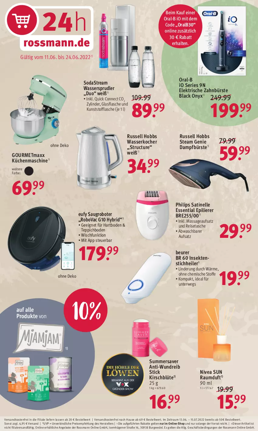 Aktueller Prospekt Rossmann - Prospekte - von 13.06 bis 17.06.2022 - strona 14 - produkty: angebot, angebote, beurer, Blüte, bürste, eis, elektrische zahnbürste, elle, epilierer, flasche, glasflasche, gourmetmaxx, kirsch, Kocher, küche, Küchen, küchenmaschine, lack, LG, ndk, nivea, nivea sun, oral-b, oralb, Philips, Raumduft, reis, reisetasche, russell hobbs, rwe, Saugroboter, sekt, Soda, sodastream, Tasche, teller, teppich, teppichboden, Ti, versandkostenfrei, wasser, wasserkocher, wassersprudler, wedel, zahnbürste