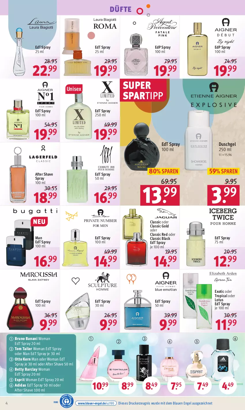 Aktueller Prospekt Rossmann - Prospekte - von 13.06 bis 17.06.2022 - strona 4 - produkty: Adidas, after shave, auer, bett, bruno banani, drucker, duschgel, edp spray, edt spray, Engel, esprit, kerze, lack, laura biagiotti, Otto kern, spartipp, Ti, tom tailor