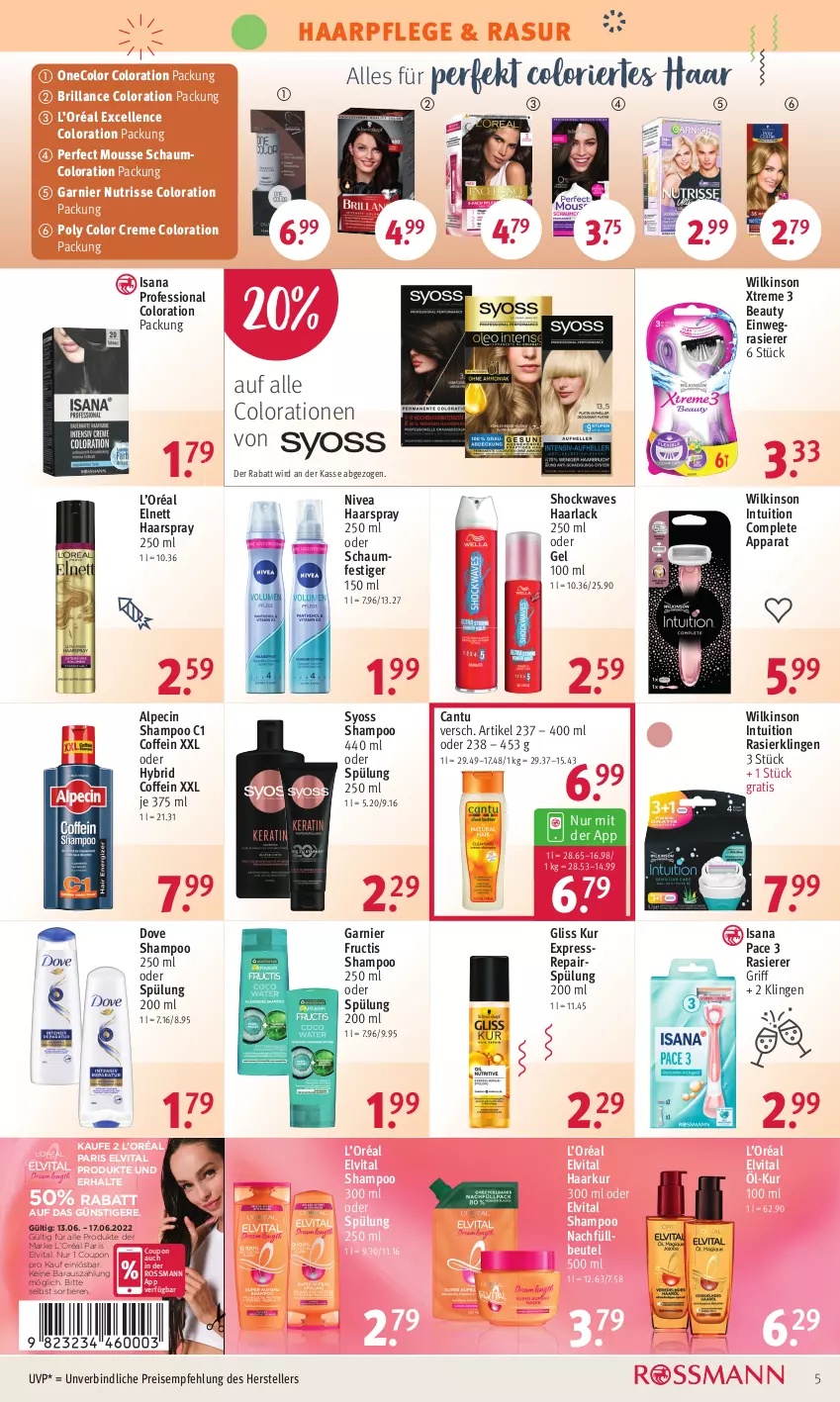 Aktueller Prospekt Rossmann - Prospekte - von 13.06 bis 17.06.2022 - strona 5 - produkty: alpecin, arla, beutel, brillance, cin, coffein, Color creme, Colorationen, coupon, creme, dove, einwegrasierer, eis, elle, elnett, elvital, fructis, garnier, gliss, gliss kur, Haarlack, haarpflege, haarspray, isana, lack, mousse, nivea, Nutrisse, oder schaumfestiger, rasierer, Rasierklinge, rasierklingen, reis, sana, schaumfestiger, shampoo, shampoo 250 ml, spülung, spülung 200 ml, syoss, teller, Ti, Tiere, vita, wilkinson, Yo