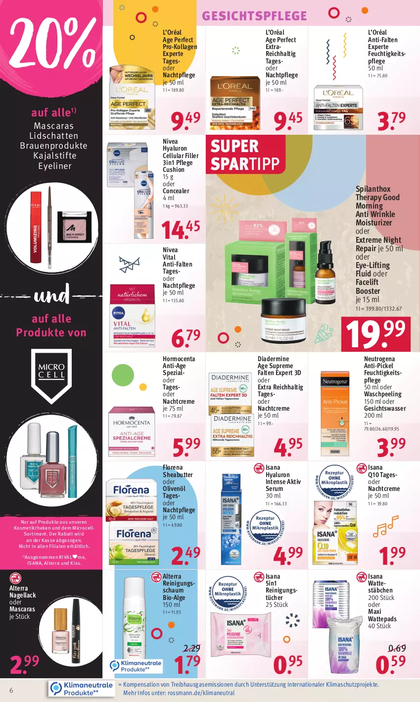 Aktueller Prospekt Rossmann - Prospekte - von 13.06 bis 17.06.2022 - strona 6 - produkty: alterra, anti-falten experte, bio, butter, cellular filler, creme, Diadermine, Eyeliner, feuchtigkeitspflege, gesichtspflege, Gesichtswasser, HP, hyaluron, isana, Kollagen, kosmetik, lack, LG, Mascara, nachtcreme, nachtpflege, Nagellack, neutrogena, nivea, olive, oliven, olivenöl, Peeling, Q10, Reinigung, Reinigungsschaum, reinigungstücher, rum, sana, Serum, Sheabutter, spartipp, Spezi, stifte, Ti, tücher, vita, wasser, wattepads, Wattestäbchen