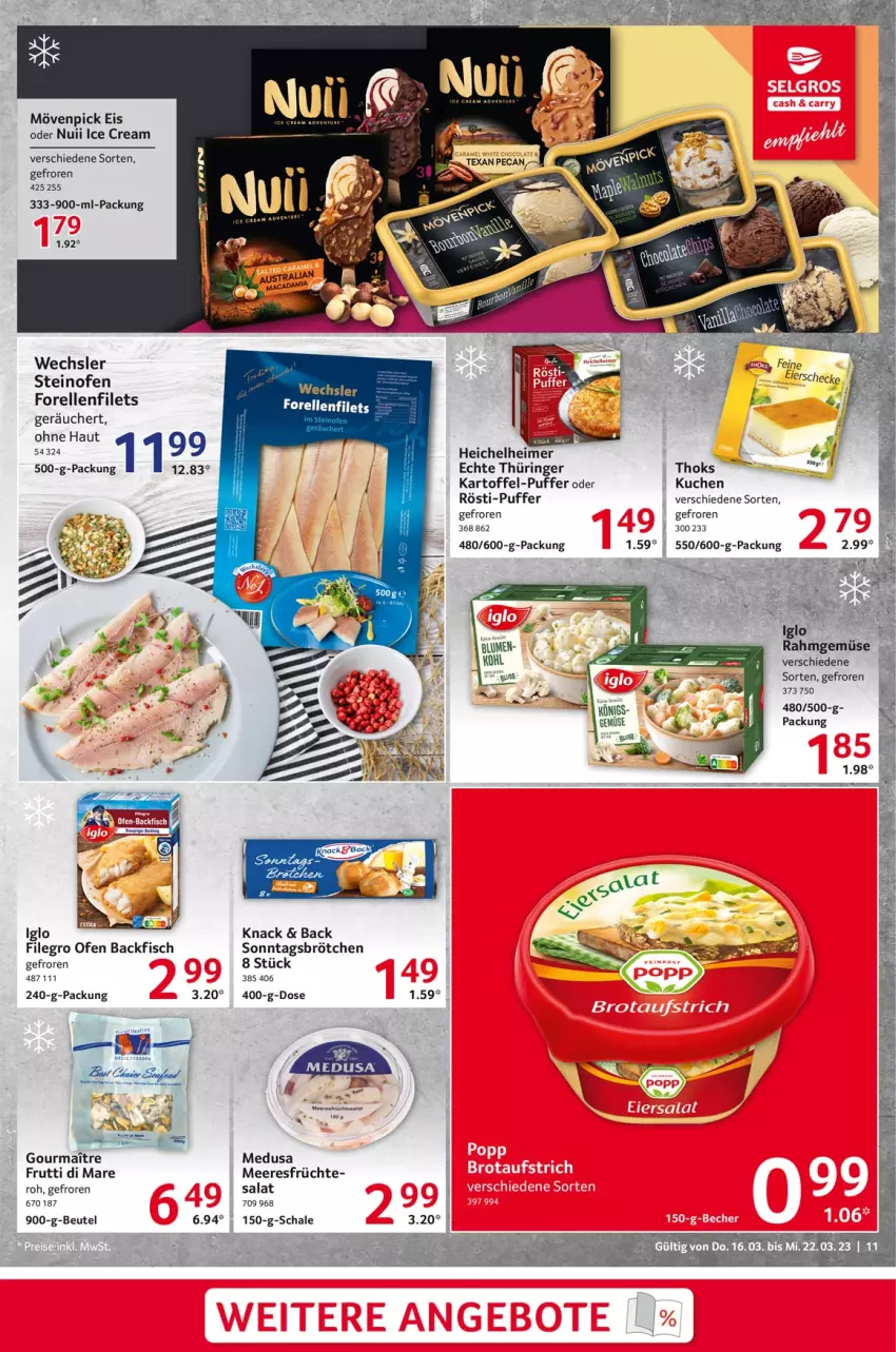 Aktueller Prospekt Selgros - Food - von 16.03 bis 22.03.2023 - strona 11 - produkty: backfisch, beutel, brötchen, eimer, eis, elle, filegro, filet, filets, fisch, forelle, früchte, frutti di mare, iglo, kartoffel, kuchen, meeresfrüchte, mövenpick, mövenpick eis, nuii, Ofen, Rahmgemüse, rel, ring, salat, Schal, Schale, Sonntagsbrötchen, steinofen, tesa, Ti