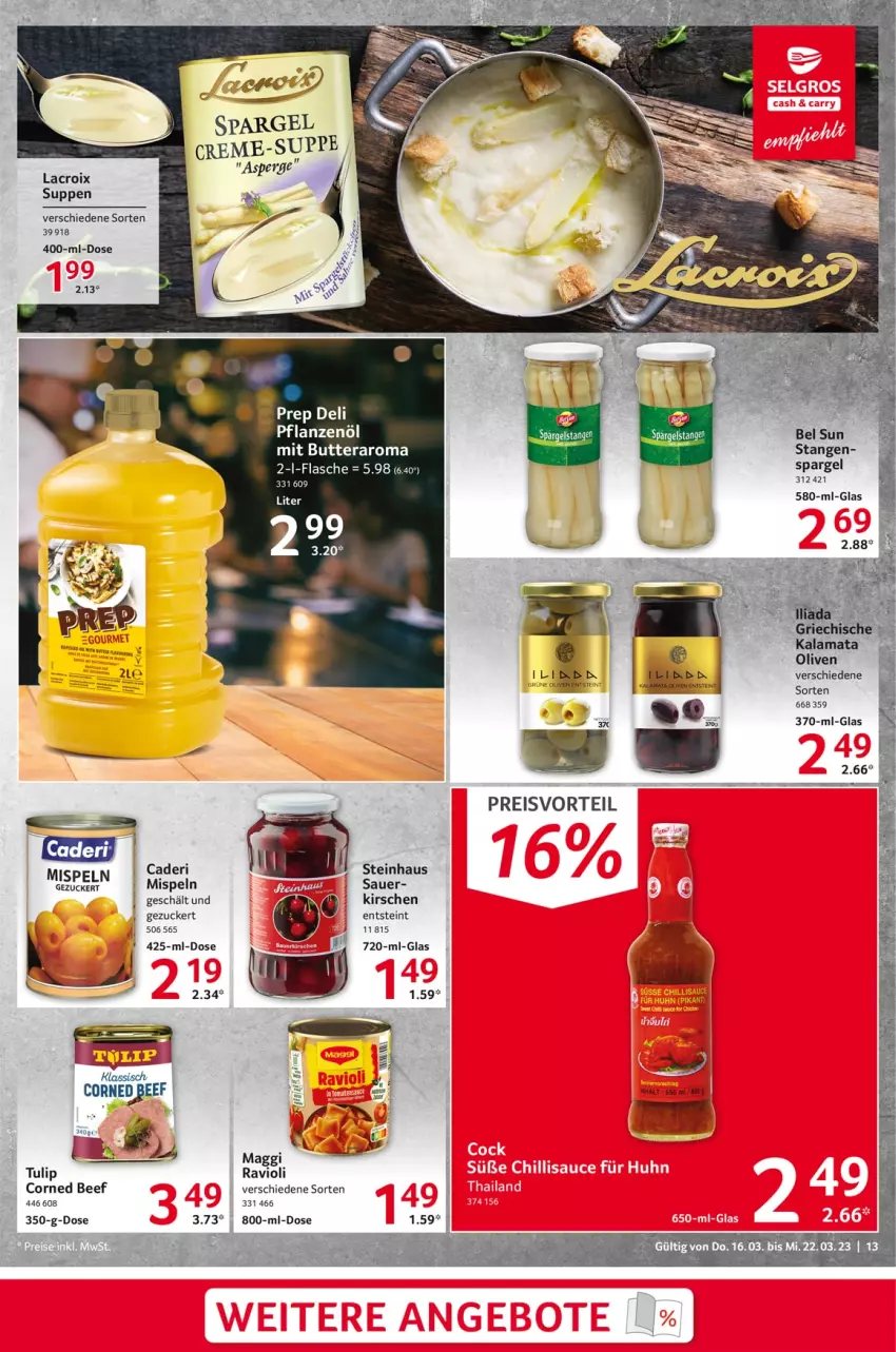 Aktueller Prospekt Selgros - Food - von 16.03 bis 22.03.2023 - strona 13 - produkty: auer, beef, butter, corned beef, eis, flasche, kirsch, kirsche, kirschen, maggi, pflanze, pflanzen, Pflanzenöl, preisvorteil, ravioli, reis, spargel, steinhaus, suppe, suppen, tee, tulip, zucker