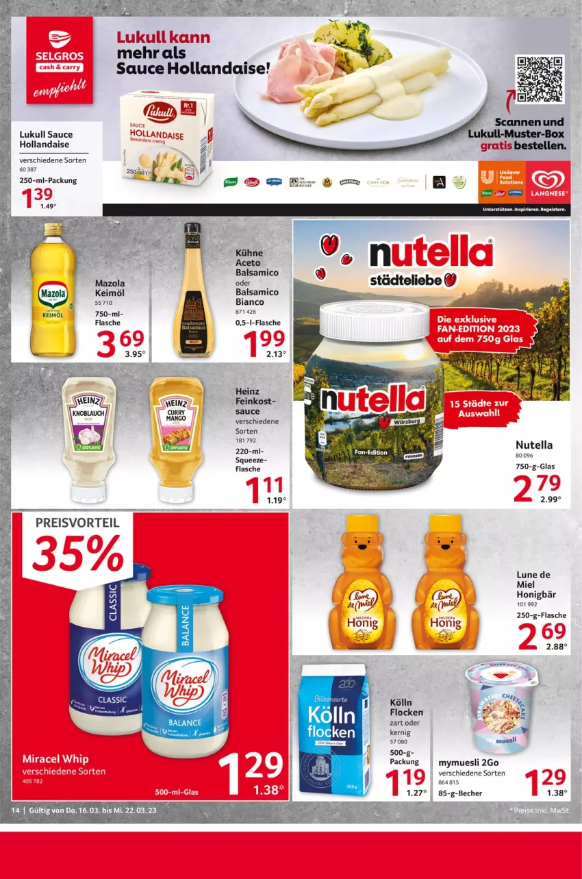 Aktueller Prospekt Selgros - Food - von 16.03 bis 22.03.2023 - strona 14 - produkty: aceto, balsam, balsamico, eis, elle, feinkost, flasche, heinz, hollandaise, honig, keimöl, kölln, Kühne, lukull, nutella, preisvorteil, reis, sauce, sauce hollandaise, tee, Ti, Yo