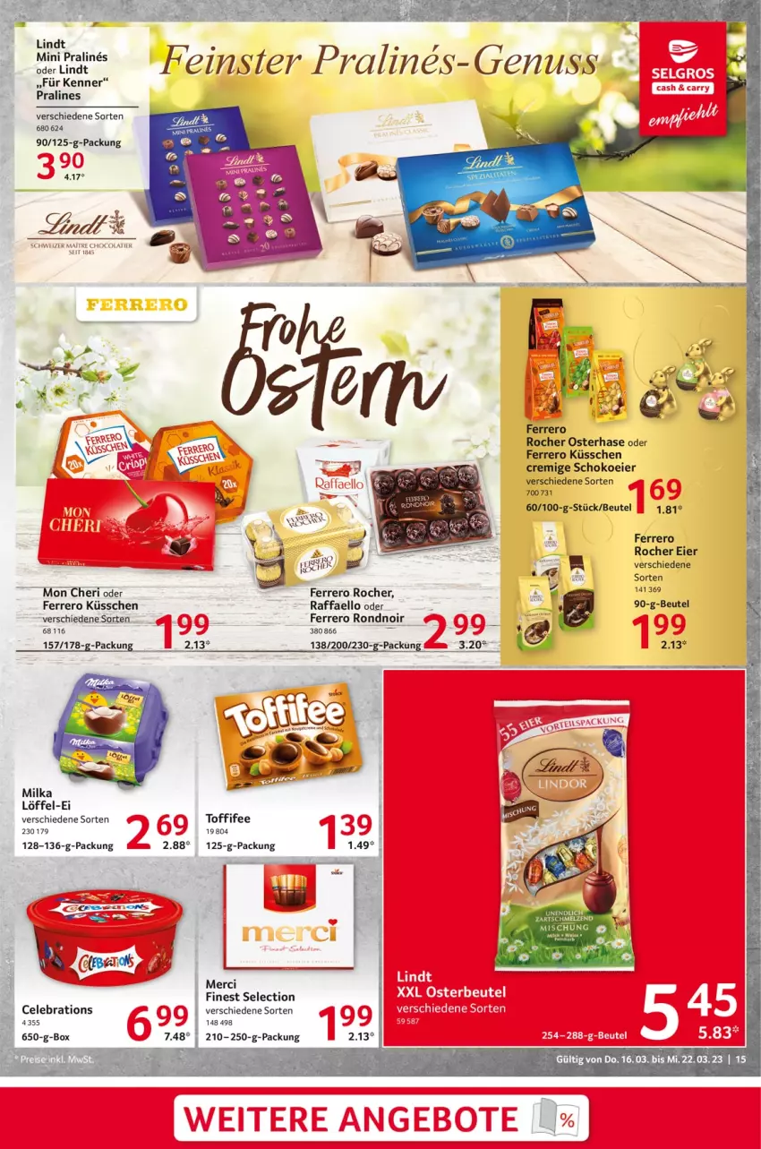 Aktueller Prospekt Selgros - Food - von 16.03 bis 22.03.2023 - strona 15 - produkty: beutel, cola, eier, ferrero, Ferrero Küsschen, Ferrero Rocher, lindt, Löffel, merci, milka, raffaello, schoko, Ti, toffifee