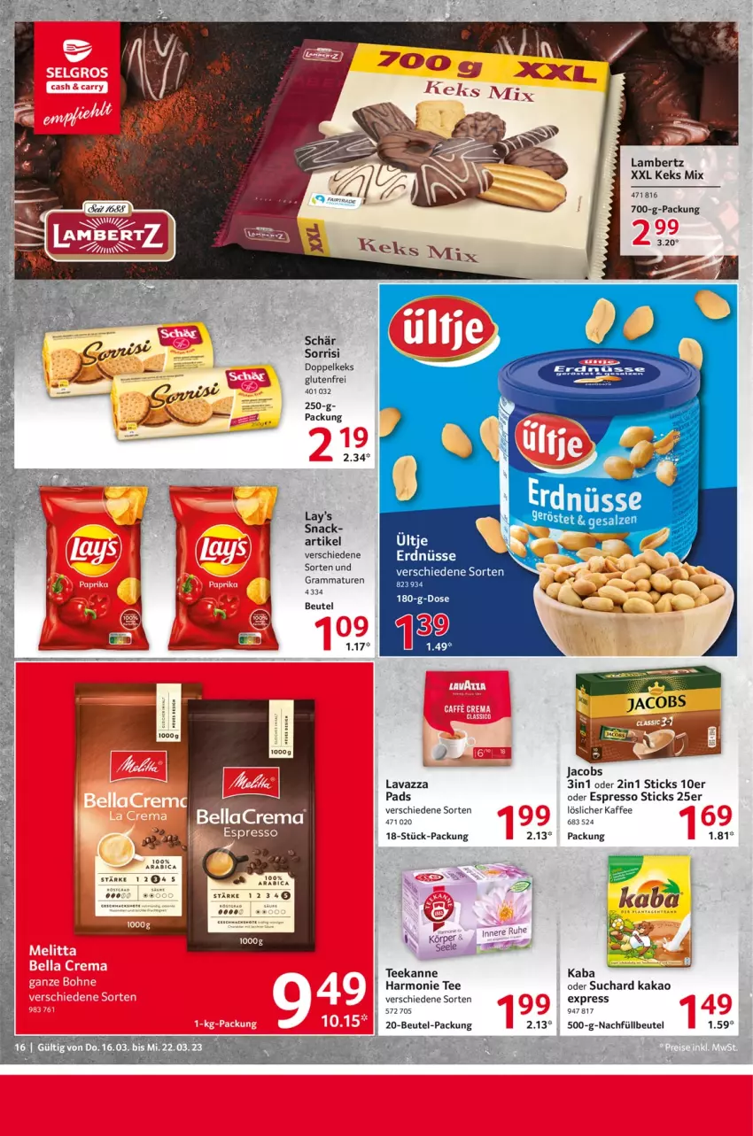 Aktueller Prospekt Selgros - Food - von 16.03 bis 22.03.2023 - strona 16 - produkty: ACC, Amber, beutel, erdnüsse, espresso, jacobs, kaffee, kakao, keks, lambertz, lavazza, löslicher kaffee, mac, oder espresso, snack, tee, teekanne, Ti