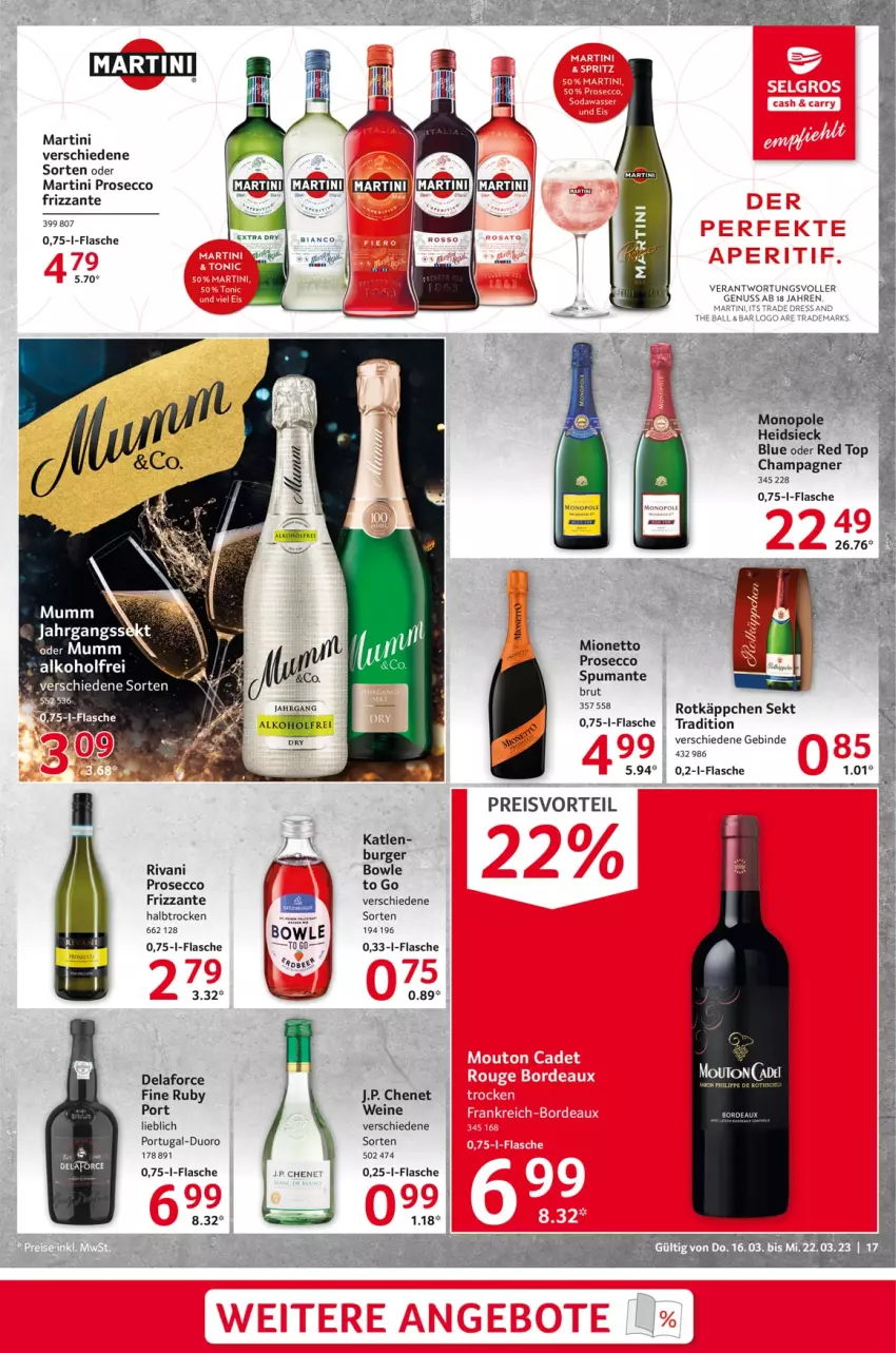 Aktueller Prospekt Selgros - Food - von 16.03 bis 22.03.2023 - strona 17 - produkty: ball, bowle, brut, burger, champagne, champagner, ecco, eis, flasche, frizzante, J.P. Chenet, martini, mionetto, nuss, preisvorteil, prosecco, puma, reis, rotkäppchen, sekt, spumante, Ti, wein, weine