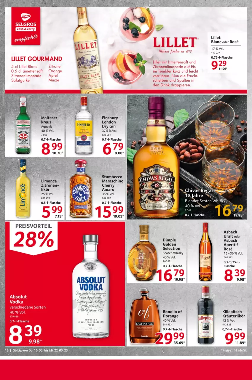 Aktueller Prospekt Selgros - Food - von 16.03 bis 22.03.2023 - strona 18 - produkty: amaro, aperitif, aqua, aquavit, dry gin, ecco, eis, ente, finsbury, flasche, frucht, gin, gurke, kräuter, kräuterlikör, likör, lillet, limette, limetten, limo, limonade, Mett, metten, orange, preisvorteil, reis, saft, salat, Salatgurke, scotch, scotch whisky, Ti, whisky, zitrone, zitronen