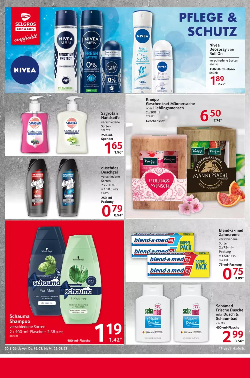 Aktueller Prospekt Selgros - Food - von 16.03 bis 22.03.2023 - strona 20 - produkty: alkohol, Bad, blend-a-med, creme, deo, deospray, duschdas, dusche, duschgel, flasche, geschenkset, Handseife, kneipp, kraft, kräuter, kräutern, natur, natura, nivea, sac, sagrotan, schaumbad, sebamed, Seife, shampoo, Sport, Ti, zahncreme