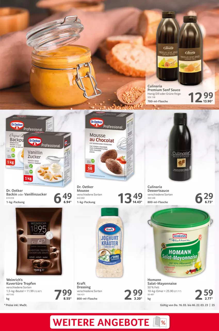 Aktueller Prospekt Selgros - Food - von 16.03 bis 22.03.2023 - strona 25 - produkty: beutel, cola, culinaria, dessert, desserts, dessertsauce, Dr. Oetker, dressing, eimer, eis, flasche, homann, honig, kraft, mayonnaise, mousse, reis, Ria, salat, sauce, schoko, schokolade, schokoladen, senf, Ti, wein, Yo, zucker