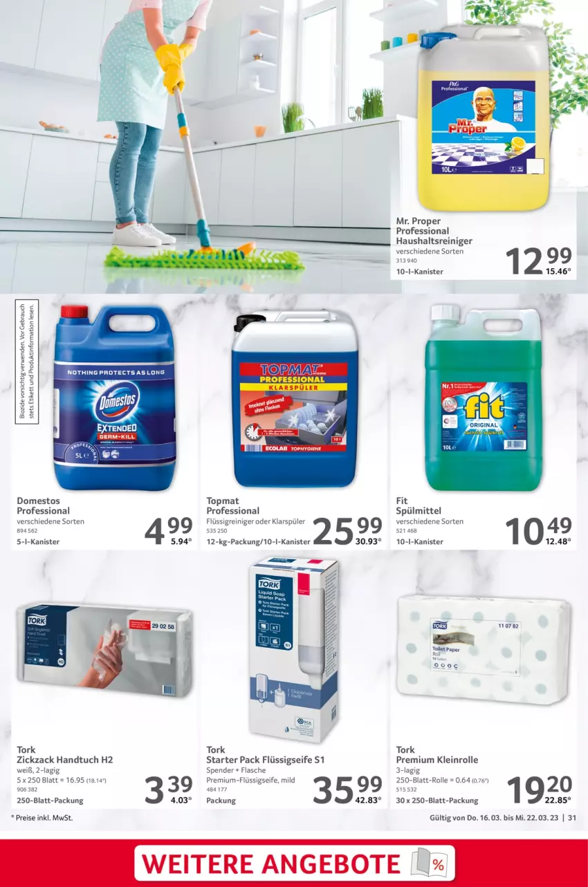 Aktueller Prospekt Selgros - Food - von 16.03 bis 22.03.2023 - strona 31 - produkty: angebot, angebote, bio, domestos, eis, flasche, flüssigseife, handtuch, klarspüler, Rauch, reiniger, reis, rwe, Seife, spülmittel, Ti, tuc