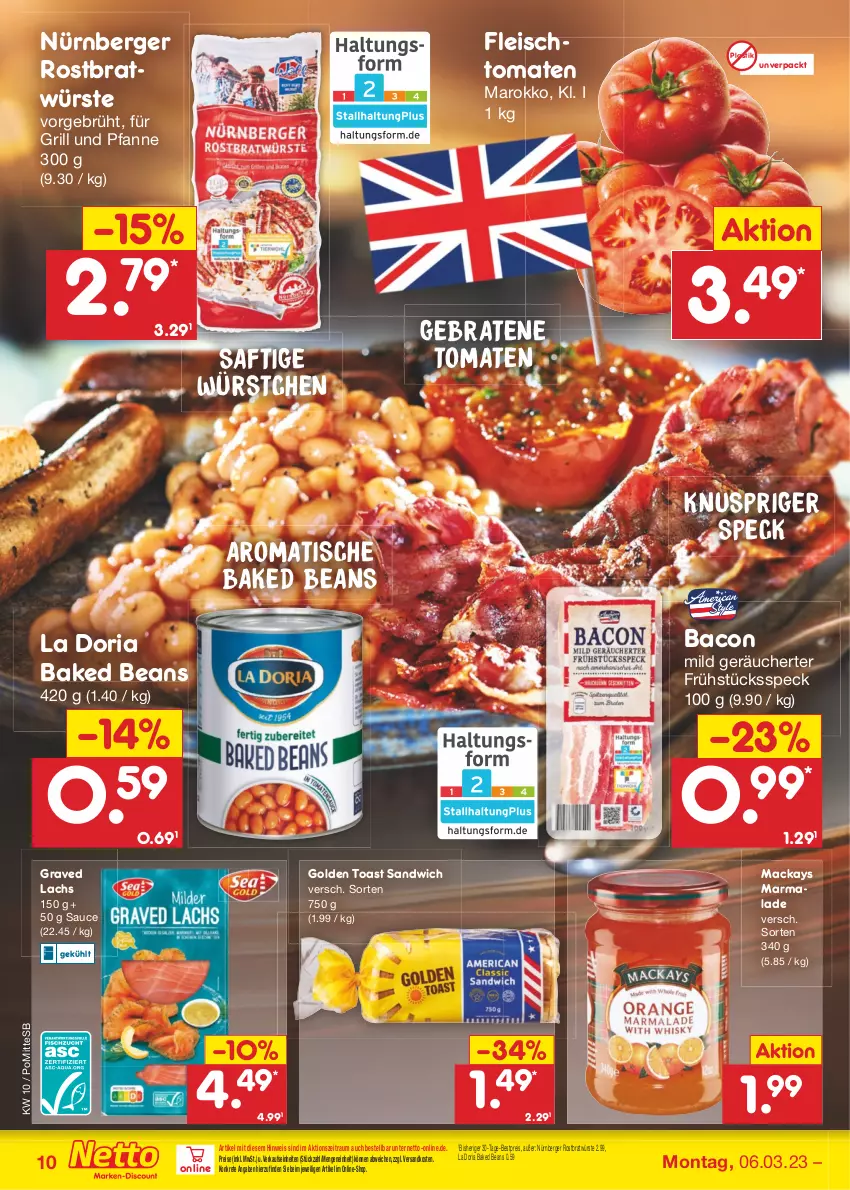 Aktueller Prospekt Netto Marken-Discount - Filial-Angebote - von 06.03 bis 11.03.2023 - strona 10 - produkty: asti, bacon, Berger, bestpreis, braten, eis, fleisch, Frühstücksspeck, für grill und pfanne, golden toast, Graved Lachs, grill, grill und pfanne, lachs, mac, ndk, nürnberger, pfanne, reis, Ria, saft, sandwich, sauce, Speck, Ti, tisch, toast, tomate, tomaten, und pfanne, würstchen