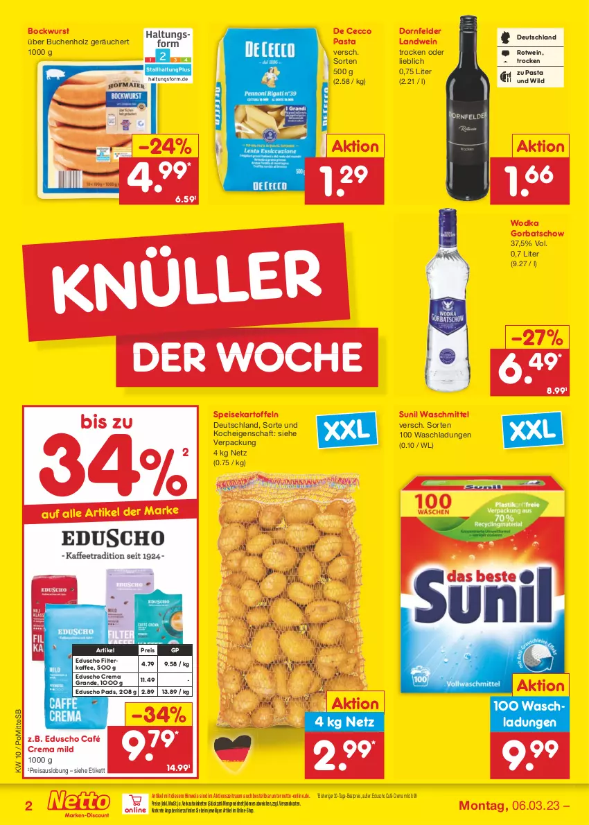 Aktueller Prospekt Netto Marken-Discount - Filial-Angebote - von 06.03 bis 11.03.2023 - strona 2 - produkty: bestpreis, bockwurst, buch, De Cecco, dornfelder, ecco, eduscho, eis, Gorbatschow, Holz, kaffee, kartoffel, kartoffeln, ndk, pasta, reis, rotwein, speisekartoffeln, sunil, Ti, waschmittel, wein, Wild, wodka, wurst