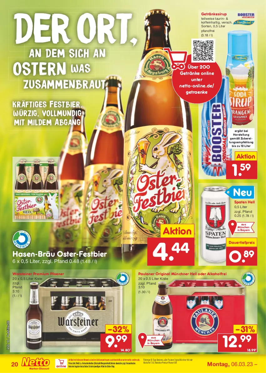 Aktueller Prospekt Netto Marken-Discount - Filial-Angebote - von 06.03 bis 11.03.2023 - strona 20 - produkty: alkohol, auer, bestpreis, bier, dauertiefpreis, eis, getränk, getränke, getränkesirup, gin, ndk, Paula, paulaner, pils, pilsener, premium pils, reis, sirup, Spaten, steiner, Ti, tiefpreis, warsteiner