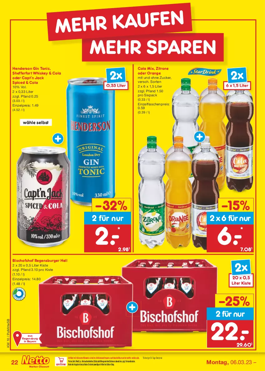 Aktueller Prospekt Netto Marken-Discount - Filial-Angebote - von 06.03 bis 11.03.2023 - strona 22 - produkty: bestpreis, burger, Cap, cola, eis, enders, flasche, gin, ndk, orange, regensburger, reis, Ti, tonic, whiskey, zitrone, zucker