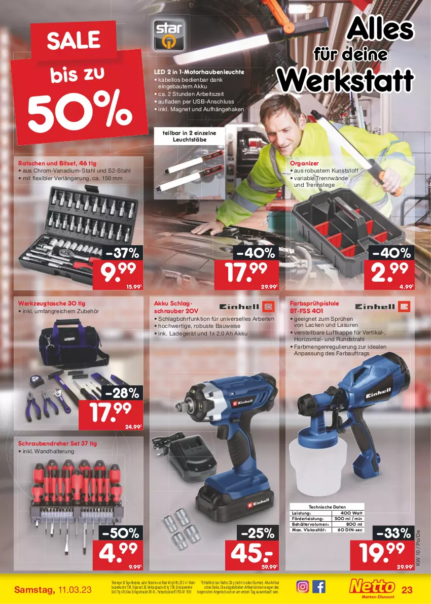 Aktueller Prospekt Netto Marken-Discount - Filial-Angebote - von 06.03 bis 11.03.2023 - strona 23 - produkty: akku, angebot, Bau, Behälter, bestpreis, Bitset, eis, elle, HP, lack, Lacke, ladegerät, Leuchte, LG, reis, Ria, schrauben, Schraubendreher, Sprühpistole, Tasche, Ti, usb, wandhalterung, werkzeug, ZTE