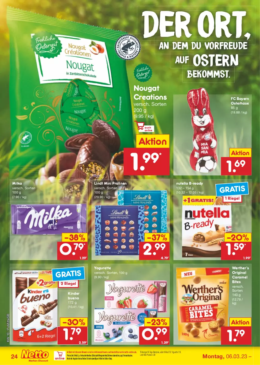 Aktueller Prospekt Netto Marken-Discount - Filial-Angebote - von 06.03 bis 11.03.2023 - strona 24 - produkty: beko, bestpreis, bites, caramel, eis, gin, Kinder, kinder bueno, lindt, milka, ndk, nutella, pralinen, reis, riegel, Ti, Yo, yogurette