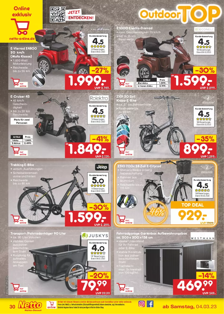 Aktueller Prospekt Netto Marken-Discount - Filial-Angebote - von 06.03 bis 11.03.2023 - strona 30 - produkty: akku, aufbewahrungsbox, decke, Dreirad, E-Bike, eis, Elektro, elle, Fahrrad, Garten, ndk, nexus, reis, Schal, shimano, Sport, Ti