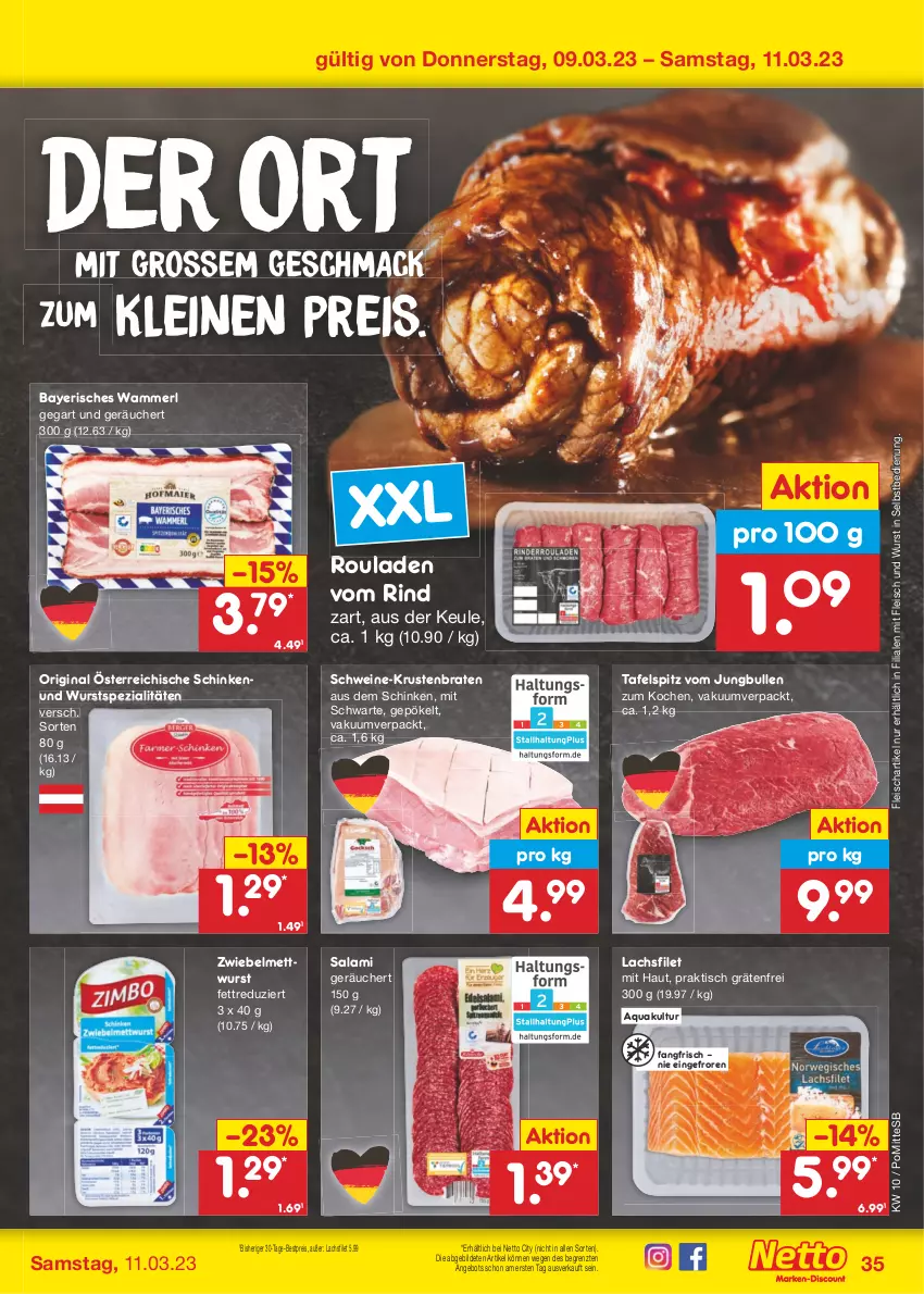 Aktueller Prospekt Netto Marken-Discount - Filial-Angebote - von 06.03 bis 11.03.2023 - strona 35 - produkty: angebot, aqua, bestpreis, braten, eis, filet, fleisch, gin, jungbullen, krustenbraten, lachs, lachsfilet, leine, mac, merl, Mett, mettwurst, reis, rind, rouladen, salami, schinken, schwein, schweine, Spezi, tafelspitz, Ti, tisch, wein, weine, wurst, wurst in selbstbedienung, ZTE, zwiebel, zwiebelmettwurst